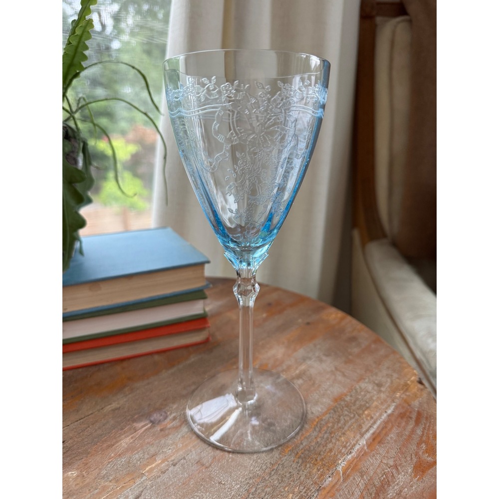 Fostoria‎ June Blue Etched Glass Water Goblet Vintage Stemware Bows and Flowers